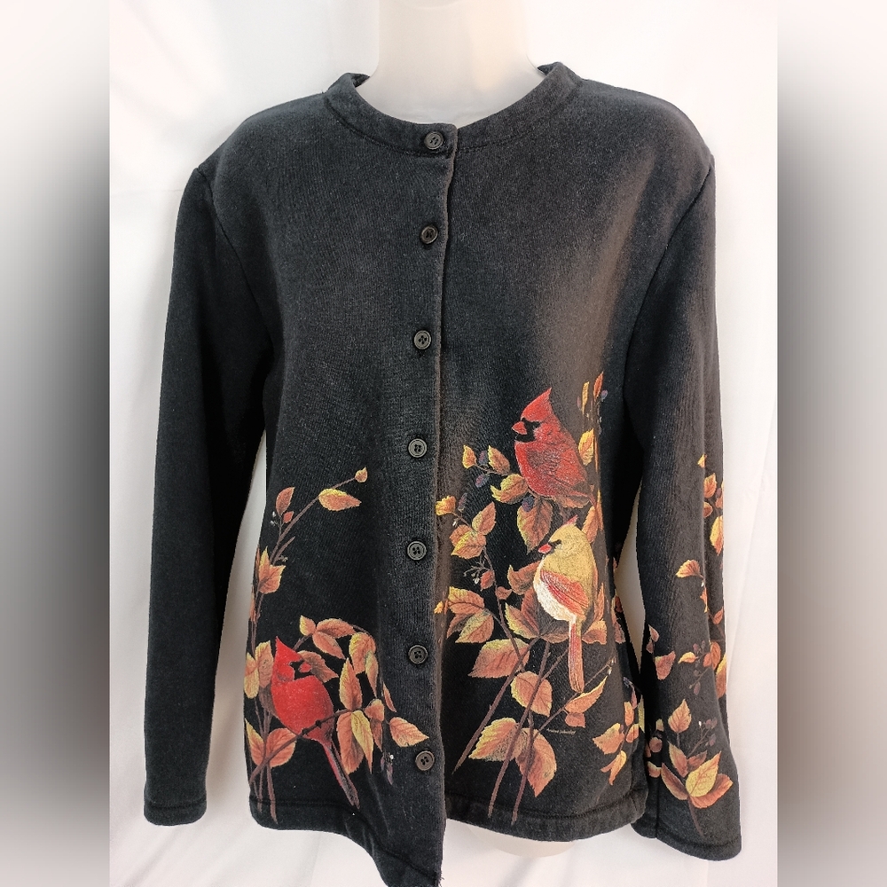 ARTISANS Christmas Vintage 90's Floral Black Bird Cardinal Button Up Sweater M‎